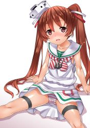 Rule 34 | 10s, 1girl, bare shoulders, blush, brown hair, dark-skinned female, dark skin, dress, fang, hair ribbon, hat, kantai collection, legs, libeccio (kancolle), long hair, looking at viewer, neckerchief, okina ika, open mouth, panties, pantyshot, red eyes, ribbon, sailor dress, simple background, sitting, sleeveless, smile, solo, spread legs, striped clothes, striped neckerchief, striped panties, thigh strap, thighs, twintails, underwear