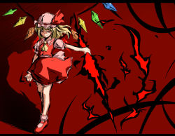 Rule 34 | 1girl, blonde hair, collared shirt, fechirin, female focus, fire, flandre scarlet, full body, hat, mob cap, red background, red theme, shirt, sketch, socks, solo, standing, touhou, white hat, wings