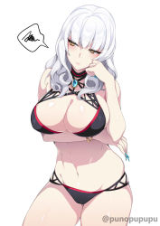 Rule 34 | 1girl, bangle, bikini, black bikini, blue nails, blunt bangs, blush, bracelet, breast hold, breasts, brooch, cameltoe, carmilla (fate), carmilla (swimsuit rider) (fate), cleavage, closed mouth, curly hair, fate/grand order, fate (series), fingernails, gem, half-closed eyes, highres, jewelry, large breasts, lips, long fingernails, looking to the side, lowleg, lowleg bikini, medium hair, nail polish, navel, puuzaki puuna, sharp fingernails, silver hair, simple background, skindentation, solo, spoken squiggle, squiggle, stomach, swimsuit, twitter username, white background, yellow eyes