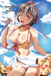 Rule 34 | 1girl, bikini, breasts, brown hair, cleavage, hat, heart, heart-shaped pupils, highres, hose, large breasts, one eye closed, open mouth, red eyes, reiha (penetrate), sarong, shameimaru aya, short hair, solo, swimsuit, symbol-shaped pupils, tan, tanline, tokin hat, touhou, water, wet