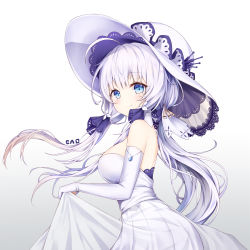 Rule 34 | 1girl, ahoge, armlet, azur lane, blue eyes, blue gemstone, blush, breasts, cleavage, clothes lift, commentary, dasima, dress, dress lift, elbow gloves, floating hair, from side, gem, gloves, gradient background, hair ornament, hair ribbon, hat, highres, illustrious (azur lane), lace-trimmed hat, lace trim, large breasts, lifted by self, long hair, looking at viewer, low twintails, mole, mole under eye, ribbon, sidelocks, simple background, smile, solo, strapless, strapless dress, sun hat, tress ribbon, twintails, white dress, white gloves, white hair, white hat