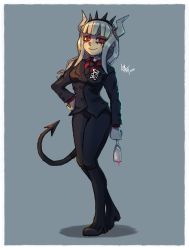 Rule 34 | 1girl, 2020, black footwear, black suit, black tail, boots, border, breasts, contrapposto, crown, cup, demon girl, demon horns, demon tail, drinking glass, full body, hand on own hip, helltaker, highres, horns, luant, lucifer (helltaker), medium breasts, mole, mole under eye, necktie, red eyes, signature, smile, solo, suit, tail, white border, white horns, wine glass