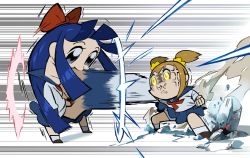 Rule 34 | 10s, 2girls, :3, anger vein, blue eyes, blue hair, blunt bangs, bow, clenched hands, constricted pupils, destruction, energy, giant fist, hair bow, highres, long hair, multiple girls, orange hair, pipimi, poptepipic, popuko, punching, red bow, rock, school uniform, serafuku, short twintails, simple background, skirt, smile, tokiya, twintails, violence, white background, yellow eyes