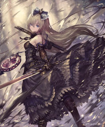 Rule 34 | 1girl, alice (shingeki no bahamut), belt, blonde hair, blue eyes, boots, character request, clock, commentary request, copyright notice, dress, elbow gloves, gloves, hair between eyes, hair ribbon, hairband, highres, jewelry, knee boots, layered dress, long hair, looking at viewer, neck ribbon, pantyhose, ribbon, ring, serious, sheath, shingeki no bahamut, solo, striped clothes, striped legwear, striped pantyhose, sword, tachikawa mushimaro, unsheathed, watermark, weapon, wind