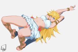 Rule 34 | 1girl, absurdres, angel, blonde hair, blue eyes, breasts, bright pupils, censored, censored feet, commentary, crop top, dress, english commentary, fake censor, feet, foot focus, full body, gladiator sandals, gluteal fold, high heels, highres, jewelry, l4wless, long hair, looking at viewer, lying, medium breasts, midriff, mosaic censoring, nail polish, navel, on back, open mouth, panties, panty &amp; stocking with garterbelt, panty (psg), parody, pink panties, sandals, skirt, solo, strappy heels, toenail polish, toenails, toes, underwear, white background, white pupils, white skirt, winged footwear