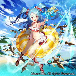 Rule 34 | 1girl, :d, aiming, amaterasu (valkyrie connect), armpits, bare shoulders, bikini, blue hair, blue sky, blush, breasts, cloud, cloudy sky, commentary request, day, fisheye, frilled bikini, frills, gaou (umaiyo puyoman), hair ornament, hair scrunchie, holding, innertube, looking at viewer, navel, ocean, official art, open mouth, outdoors, palm tree, red eyes, scrunchie, sitting, sky, small breasts, smile, solo, swim ring, swimsuit, tree, twintails, valkyrie connect, water gun, watermark, white bikini, wristband