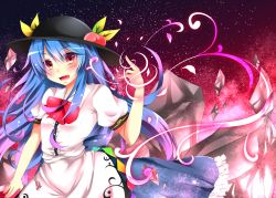 Rule 34 | 1girl, blue hair, blush, food, fruit, hat, highres, hinanawi tenshi, long hair, looking at viewer, open mouth, peach, red eyes, sisterakuma, sky, smile, solo, star (sky), starry sky, touhou