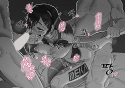 Rule 34 | 1girl, 2boys, ahegao, bed sheet, blush, bouncing breasts, breasts, censored, chest hair, clothed sex, clothes writing, crying, crying with eyes open, cum, cum on hair, d.va (overwatch), doggystyle, dripping, drooling, erection, eyes visible through hair, facial, finger in another&#039;s mouth, greyscale, group sex, hair over one eye, half-closed eyes, headphones, heart, highres, holding another&#039;s wrist, kneeling, long hair, luxsumildo, male pubic hair, mmf threesome, monochrome, motion lines, multiple boys, nipples, open mouth, overwatch, overwatch 1, penis, pubic hair, saliva, sex, sex from behind, smile, speech bubble, speed lines, spitroast, spoken heart, spot color, steam, steaming body, sweat, tears, threesome, tongue, tongue out, translation request, trembling