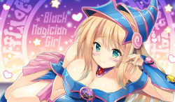 Rule 34 | bare shoulders, blonde hair, blush, blush stickers, breasts, character name, cleavage, dark magician girl, duel monster, green eyes, hat, heart, large breasts, long hair, lying, magical girl, on stomach, pentagram, pink skirt, skirt, smile, solo, star (symbol), staryume, vambraces, wizard hat, yu-gi-oh!