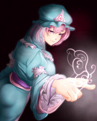 Rule 34 | 1girl, ass, blue kimono, breasts, bug, butterfly, butterfly on hand, closed mouth, dark background, frills, glowing, hat, highres, insect, japanese clothes, kimono, large breasts, no23kappagatari, pink eyes, pink hair, saigyouji yuyuko, see-through, short hair, solo, touhou, triangular headpiece, veil, wide sleeves