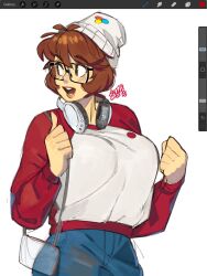 Rule 34 | 1girl, art program in frame, artist name, bag, beanie, blue pants, blush, breasts, brown eyes, brown hair, clenched hand, denim, glasses, handbag, hat, highres, jeans, large breasts, long sleeves, open mouth, original, pants, red sweater, short hair, smile, snowcie, snowciel, solo, sweater, two-tone sweater, white background, white hat, white sweater