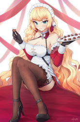 Rule 34 | 1girl, azur lane, black footwear, black garter straps, black gloves, blonde hair, breasts, brown thighhighs, candy, chocolate, chocolate heart, cleavage, d.birb, detached collar, detached sleeves, dress, food, garter straps, gloves, green eyes, heart, high heels, highres, holding, holding tray, howe (azur lane), howe (pastry princess) (azur lane), lace, lace-trimmed legwear, lace trim, large breasts, long hair, looking at viewer, maid headdress, official alternate costume, red ribbon, red sleeves, ribbon, shoes, signature, sitting, solo, thighhighs, tray, very long hair, white dress
