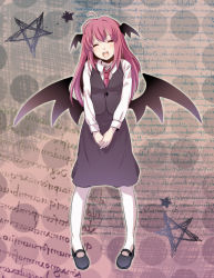Rule 34 | 1girl, bad id, bad pixiv id, bat wings, blouse, embodiment of scarlet devil, closed eyes, female focus, full body, head wings, koakuma, long hair, necktie, open mouth, own hands clasped, own hands together, pentagram, pink hair, red hair, shirt, shoes, skirt, smile, solo, star (symbol), touhou, wings, yuko (artist), yuuyuu (yuko)