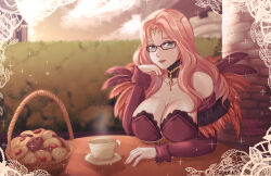 Rule 34 | 1girl, bare shoulders, basket, bespectacled, black choker, choker, circlet, commentary request, cookie, cornelia arnim, cup, dress, feathers, fire emblem, fire emblem: three houses, food, glasses, highres, long hair, long sleeves, looking at viewer, nintendo, off-shoulder dress, off shoulder, outdoors, pink hair, red dress, rinku bny, solo, sparkle, teacup, upper body