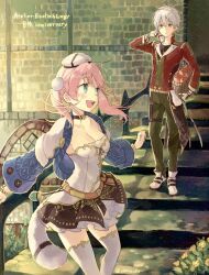 Rule 34 | 1boy, 1girl, :d, anniversary, apple, atelier (series), atelier escha &amp; logy, basket, belt, belt pouch, beret, black choker, black gloves, black shirt, black skirt, blue eyes, blue jacket, bracelet, braid, breasts, choker, cleavage, closed mouth, escha malier, food, frown, fruit, gloves, green pants, grey hair, hair between eyes, hair ornament, hand up, hani (udauda), hat, holding, holding basket, jacket, jewelry, logix ficsario, long sleeves, looking at viewer, medium breasts, medium hair, mini hat, miniskirt, necklace, open clothes, open jacket, open mouth, orange belt, pants, pink hair, pom pom (clothes), pom pom hair ornament, pouch, red jacket, shirt, short hair, skirt, smile, stairs, strapless, strapless shirt, tail, teeth, thighhighs, twintails, two-tone gloves, upper teeth only, white footwear, white gloves, white headwear, white shirt, white tail, white thighhighs, yellow eyes, zettai ryouiki