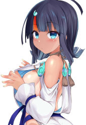 Rule 34 | 1girl, ahoge, back, bare shoulders, black hair, blue eyes, blue ribbon, blush, breasts, dress, fate/grand order, fate/requiem, fate (series), highres, jewelry, large breasts, long sleeves, looking at viewer, magatama, magatama hair ornament, magatama necklace, medium hair, multicolored hair, necklace, pink hair, puffy long sleeves, puffy sleeves, ribbon, seigaiha, sen (astronomy), short dress, sideboob, sideless outfit, solo, streaked hair, tan, utsumi erice, white dress