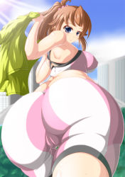 Rule 34 | 10s, 1girl, ass, bare shoulders, bike shorts, blue eyes, blush, breasts, brown hair, cameltoe, cleft of venus, from behind, gundam, gundam build fighters, gundam build fighters try, hoshino fumina, huge ass, jacket, large breasts, long hair, looking at viewer, looking back, ponytail, scrunchie, shiny clothes, shiny skin, sideboob, smile, solo, sports bra, tank top, thigh strap, yuri usa