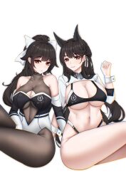 Rule 34 | 2girls, atago (azur lane), atago (stunning speedster) (azur lane), azur lane, bare shoulders, bikini, black bikini, black hair, bodystocking, bow, breasts, chuer 722, cleavage, cleavage cutout, clothing cutout, elbow gloves, extra ears, gloves, hair ribbon, highleg, highleg bikini, highres, large breasts, long hair, looking at viewer, mole, mole under eye, multicolored leotard, multiple girls, official alternate costume, ponytail, race queen, ribbon, siblings, simple background, sisters, sitting, sleeve cuffs, stomach cutout, swimsuit, takao (azur lane), takao (full throttle charmer) (azur lane), two-tone bikini, two-tone leotard, white background, white bow, white ribbon