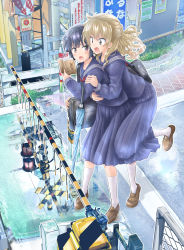 Rule 34 | 2girls, absurdres, arm around waist, bag, black hair, blonde hair, blue eyes, blue sailor collar, blue serafuku, blush, book, brown footwear, chain-link fence, closed umbrella, commentary request, day, fence, from above, fumikiri jikan, half updo, hand on another&#039;s arm, highres, holding, holding book, holding umbrella, hug, hug from behind, kneehighs, loafers, looking at another, looking back, looking to the side, multiple girls, official art, open book, open mouth, original, outdoors, pantyhose, ponytail, puddle, purple eyes, railroad crossing, reflection, road, sailor collar, sato yoshimi, school bag, school uniform, serafuku, shoes, short hair, sidewalk, sign, socks, standing, standing on one leg, umbrella, white legwear, wooden fence