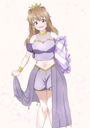 Rule 34 | 1girl, artist name, artist request, bare legs, beamed quavers, blush, bracelet, breasts, brown hair, butterfly (love live!), choker, cleavage, clothing cutout, collarbone, cropped shirt, crown, detached sleeves, double bun, dress, dress shirt, earrings, female focus, gold bracelet, hair between eyes, hair bun, hair rings, harem outfit, highres, holding, holding clothes, holding dress, holding pillow, jewelry, konoe kanata, long hair, looking at viewer, love live!, love live! nijigasaki high school idol club, love live! school idol festival, medium breasts, navel, parted lips, pillow, puffy short sleeves, puffy sleeves, purple eyes, purple shirt, purple shorts, quaver, shirt, short sleeves, shorts, shoulder cutout, smile, solo, striped pillow, two side up, white background, yellow bracelet, yellow choker