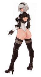 Rule 34 | 1girl, absurdres, akira (yuibnm71), ass, black footwear, black thighhighs, blindfold, boots, breasts, feather trim, full body, gloves, graphite (medium), hairband, high heels, highleg, highleg leotard, highres, leotard, lips, long sleeves, looking at viewer, looking back, medium breasts, mole, mole under mouth, nier (series), nier:automata, parted lips, puffy sleeves, shiny clothes, shiny skin, short hair, simple background, solo, thigh boots, thighhighs, thighs, traditional media, white background, white hair, 2b (nier:automata)