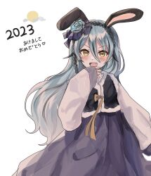 Rule 34 | 1girl, 2023, :d, absurdres, animal ears, black hair, blue flower, blue hair, blush, chinese zodiac, dochmaru, fang, flower, hair between eyes, hair flower, hair ornament, hanbok, highres, korean clothes, korean commentary, looking at viewer, multicolored hair, nijisanji, nijisanji kr, open mouth, rabbit ears, ryu hari, simple background, sleeves past wrists, smile, solo, streaked hair, virtual youtuber, white background, year of the rabbit