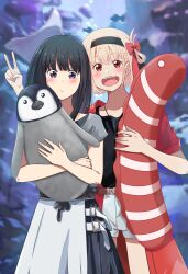 Rule 34 | 2girls, absurdres, aquarium, black hair, black hairband, black shirt, black skirt, blonde hair, blush, bow, chai haru, closed mouth, commentary request, cowboy shot, grey shirt, hair bow, hairband, highres, holding, holding stuffed toy, indoors, inoue takina, jewelry, long hair, lycoris recoil, medium hair, multiple girls, necklace, nishikigi chisato, one side up, open mouth, purple eyes, red bow, red eyes, red shirt, shirt, short sleeves, skirt, smile, stuffed animal, stuffed fish, stuffed penguin, stuffed toy, very long hair, white skirt