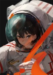 Rule 34 | 1girl, :&lt;, artist name, astronaut, black background, black hair, blurry, blurry foreground, bob cut, brown eyes, chinese commentary, close-up, commentary, dated, depth of field, eyelashes, hair between eyes, helmet, highres, looking at viewer, original, parted lips, portrait, raised eyebrows, reaching, reaching towards viewer, reflection, short hair, signature, solo, spacesuit, strap, upper body, xilmo