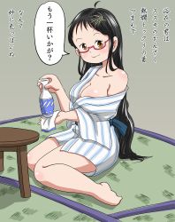 Rule 34 | 1girl, absurdres, barefoot, black hair, blush, bottle, breasts, brown eyes, cleavage, collarbone, fang, glasses, hair ornament, highres, holding, japanese clothes, kimono, large breasts, long hair, long sleeves, looking at viewer, marup, obi, off shoulder, sash, sitting, smile, striped clothes, striped kimono, table, towel, wall, white kimono, wide sleeves
