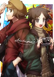 Rule 34 | 2boys, :d, alternate costume, autumn, bright pupils, brown eyes, brown hair, brown sweater, camera, commentary, creatures (company), game freak, green jacket, hand in pocket, hand on headwear, hat, highres, hilbert (pokemon), holding, holding camera, hood, hood down, hooded jacket, jacket, kamota (momokomati), long sleeves, male focus, multiple boys, nate (pokemon), nintendo, open clothes, open jacket, open mouth, pokemon, pokemon bw, pokemon bw2, red jacket, short hair, smile, sweater, symbol-only commentary, teeth, tongue, upper teeth only, white pupils, zipper