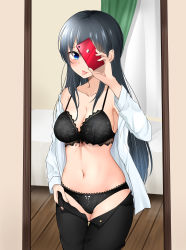 1girl absurdres black_bra black_hair black_panties black_pants blue_eyes bow bow_panties bra breasts cellphone commentary_request full-length_mirror highres holding holding_phone indoors kiyu_fuyuki large_breasts long_hair long_sleeves looking_at_mirror mirror navel open_clothes open_shirt original panties pants phone reaching reaching_towards_viewer reflection selfie shirt smartphone solo standing tongue tongue_out underwear very_long_hair white_shirt