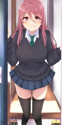 Rule 34 | 1girl, absurdres, black sweater, black thighhighs, blue skirt, blush, breasts, closed mouth, collared shirt, day, door, ekaki kukuma, feet out of frame, floral print, green necktie, hair between eyes, hands up, highres, large breasts, long hair, long sleeves, looking at viewer, miniskirt, necktie, plaid necktie, pleated skirt, princess connect!, red eyes, red hair, school uniform, shirt, shizuru (princess connect!), shizuru (real) (princess connect!), shoes, skirt, smile, solo, standing, straight hair, sweater, swept bangs, thighhighs, thighs, white shirt, zettai ryouiki