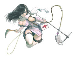 Rule 34 | 1girl, bad id, bad pixiv id, bare shoulders, black hair, breasts, cleavage, closed mouth, eyebrows, eyelashes, female focus, full body, green eyes, hair over one eye, holding, large breasts, lips, long hair, looking at viewer, nurse, original, panties, scythe, simple background, solo, takauma, thigh gap, thighhighs, underwear, white background, zettai ryouiki