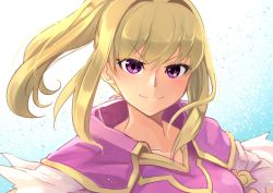 Rule 34 | 1girl, blonde hair, clarine, closed mouth, fire emblem, fire emblem: the binding blade, highres, long hair, nakabayashi zun, nintendo, ponytail, purple eyes, simple background, smile, solo, v-shaped eyebrows