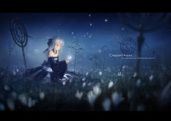Rule 34 | 1girl, bare shoulders, blurry, breasts, cleavage, cupping hands, depth of field, detached collar, detached sleeves, dress, flower, glowing, hjl, letterboxed, long hair, own hands together, petals, pixiv fantasia, pixiv fantasia wizard and knight, red eyes, silver hair, sitting, small breasts, solo, staff, strapless, strapless dress