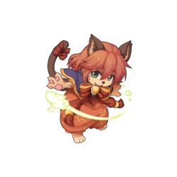 Rule 34 | 1girl, animal ears, barefoot, blush, bow, bowtie, capelet, cat ears, cat girl, cat tail, chibi, dress, fang, flat chest, full body, furry, furry female, green eyes, hair between eyes, leaning forward, long bangs, looking at viewer, magic, official art, open mouth, orange dress, orange hair, purple capelet, ragnarok online, red bow, red bowtie, short hair, simple background, smile, solo, standing, summoner (ragnarok online), tachi-e, tail, tail bow, tail ornament, transparent background, vambraces, whiskers, yuichirou