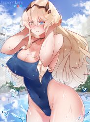 Rule 34 | 1girl, absurdres, bare shoulders, blonde hair, blue eyes, blue one-piece swimsuit, blush, breasts, cleavage, collarbone, covered erect nipples, covered navel, barghest (fate), fate/grand order, fate (series), green eyes, hair between eyes, hair over breasts, heterochromia, highres, horns, jayvee, large breasts, long hair, looking at viewer, one-piece swimsuit, pool, sky, swimsuit, thighs, water, wet