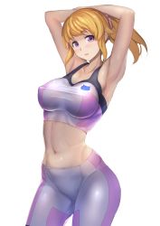 Rule 34 | 10s, 1girl, armpits, arms up, bike shorts, blonde hair, breasts, crop top, curvy, gundam, gundam build fighters, gundam build fighters try, highres, hoshino fumina, koruse, large breasts, light smile, long hair, looking at viewer, midriff, navel, ponytail, purple eyes, shorts, simple background, solo, sports bra, thighs, toned, two-tone sports bra, white background