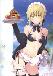 Rule 34 | 1girl, 6u (eternal land), absurdres, apron, apron lift, artoria pendragon (alter swimsuit rider) (fate), artoria pendragon (alter swimsuit rider) (second ascension) (fate), bikini, bikini under clothes, black bikini, black bow, black bowtie, black thighhighs, blonde hair, blush, bow, bowtie, breasts, bridal garter, burger, clothes lift, cowboy shot, detached collar, food, frown, highres, huge filesize, looking at viewer, maid headdress, medium breasts, navel, palm tree, scan, solo, standing, swimsuit, thighhighs, tree, water drop, yellow eyes