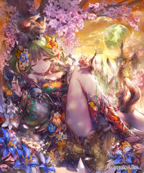 Rule 34 | 10s, 1girl, :o, animal, bare shoulders, boots, breasts, brown hair, building, cherry blossoms, cleavage, cleavage cutout, clothing cutout, cloud, copyright name, cygames, detached sleeves, dress, fantasy, flower, hair flower, hair ornament, highres, lee hyeseung, light particles, long hair, lying, moon, on back, one eye closed, plumeria (shingeki no bahamut), shingeki no bahamut, sky, solo, squirrel, sunset, tower, tree, windmill