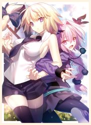 Rule 34 | 1boy, 1girl, :o, ahoge, astolfo (fate), astolfo (memories at trifas) (fate), back-to-back, bare arms, bare shoulders, black pantyhose, blonde hair, bow, braid, fang, fate/grand order, fate (series), hair bow, hair intakes, highres, jeanne d&#039;arc (fate), jeanne d&#039;arc (girl from orleans) (fate), jeanne d&#039;arc (ruler) (fate), jewelry, long hair, mashima saki (mashimasa), necklace, necktie, official alternate costume, open mouth, pantyhose, pink eyes, ponytail, purple eyes, single braid, skirt, thighhighs, trap, very long hair, zettai ryouiki