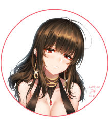 Rule 34 | 1girl, absurdres, ahoge, baek hyang, bare shoulders, black dress, blunt bangs, blush, border, breasts, brown hair, character name, choker, cleavage, collarbone, dated, dress, dsr-50 (girls&#039; frontline), dsr-50 (red peony) (girls&#039; frontline), earrings, gem, girls&#039; frontline, glint, gold, half-closed eyes, highres, jewelry, large breasts, long hair, looking at viewer, official alternate costume, parted lips, red eyes, red gemstone, shiny skin, sidelocks, signature, smile, solo, tsurime, very long hair, white background