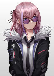 Rule 34 | 1girl, bad id, bad pixiv id, black jacket, black necktie, blue eyes, blush, closed mouth, expressionless, fur trim, girls&#039; frontline, glasses, gradient background, hair between eyes, highres, jacket, long hair, looking over eyewear, looking over glasses, multicolored hair, necktie, one side up, open clothes, open jacket, photoshop (medium), pink-tinted eyewear, pink-tinted glasses, pink hair, purple-tinted eyewear, purple-tinted glasses, selcky, shirt, side ponytail, sidelocks, solo, st ar-15 (girls&#039; frontline), streaked hair, sunglasses, tinted eyewear, upper body, white shirt