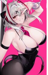 Rule 34 | 1girl, ahoge, antennae, arknights, arm strap, bare shoulders, black leotard, black pantyhose, breasts, brown eyes, cleavage, cuffs, demon tail, detached collar, facial mark, grey hair, grin, hairband, handcuffs, highres, horns, izulizuru, large breasts, leotard, long hair, looking at viewer, necktie, pantyhose, pink background, red necktie, simple background, smile, solo, tail, teardrop facial mark, upper body, w (arknights), white hairband