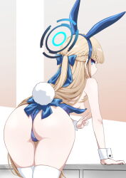 Rule 34 | 1girl, animal ears, ass, blue archive, bow, breasts, commentary request, fake animal ears, fake tail, gouta (nagishiro6624), hair bow, halo, highres, leaning on object, leotard, long hair, looking at viewer, looking back, playboy bunny, ponytail, rabbit ears, rabbit tail, small breasts, solo, tail, thighhighs, toki (blue archive), toki (bunny) (blue archive), v, white wrist cuffs, wrist cuffs