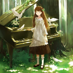 Rule 34 | 1girl, aqua eyes, bird, bow, breasts, brown hair, cotta, day, dress, floral print, flower, forest, frilled socks, frills, grass, hair bow, instrument, leaf, long hair, mary janes, nature, original, outdoors, overgrown, piano, plant, rose, shoes, small breasts, socks, solo, standing, tree, vines, white socks