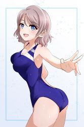 Rule 34 | 1girl, ass, blue eyes, blue one-piece swimsuit, blush, breasts, brown hair, collarbone, competition swimsuit, cowboy shot, gradient background, grey hair, highres, looking at viewer, love live!, love live! sunshine!!, medium breasts, one-piece swimsuit, open mouth, short hair, smile, solo, swimsuit, watanabe you, white background, yunite68