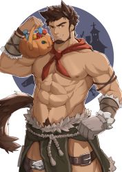 Rule 34 | 1boy, abs, animal ears, bara, beard, biceps, bracer, brown eyes, brown hair, candy, clothing cutout, cowboy shot, facial hair, food, fur-trimmed pants, fur trim, gloves, green eyes, halloween, halloween costume, harness, highres, jack-o&#039;-lantern, large pectorals, leather, looking at viewer, male focus, muscular, muscular male, nipples, original, pants, pectorals, pelvic curtain, red neckwear, short hair, single glove, smile, solo, tail, tekkowang, thick thighs, thigh cutout, thighs, topless male, wolf boy, wolf ears, wolf tail