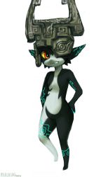 Rule 34 | 1girl, artist name, black hair, black skin, colored sclera, colored skin, dated, female focus, flat chest, full body, grin, happy, hatomura miri, heel up, helmet, highres, looking to the side, midna, multicolored skin, nintendo, nude, pointy ears, red eyes, sharp teeth, short hair, signature, simple background, smile, solo, standing, teeth, the legend of zelda, the legend of zelda: twilight princess, two-tone skin, white background, white skin, yellow sclera