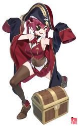 Rule 34 | 1girl, absurdres, ankle boots, arms up, arrow through heart, artist logo, ascot, belt, black coat, boots, brooch, brown belt, brown footwear, brown thighhighs, cleavage, coat, eyepatch, fang, fold-over boots, gold trim, hair ribbon, hands up, hat, highres, hololive, hololive fantasy, houshou marine, jacket, jewelry, leather, leather boots, leotard, leotard under clothes, long hair, looking at viewer, mr tangsuyuk, off shoulder, open mouth, pirate, pirate hat, pleated skirt, red ascot, red eyes, red hair, red jacket, red ribbon, red skirt, ribbon, see-through, see-through cleavage, see-through leotard, simple background, skirt, sleeveless, sleeveless jacket, sleeves past wrists, smile, solo, thighhighs, treasure chest, twintails, virtual youtuber, white background